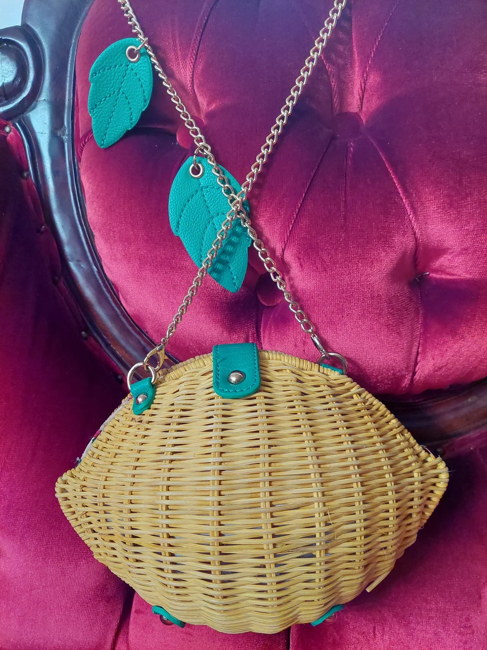 Betsey Johnson Woven Lemon Crossbody with Green Leaf Accents and Gold Chain